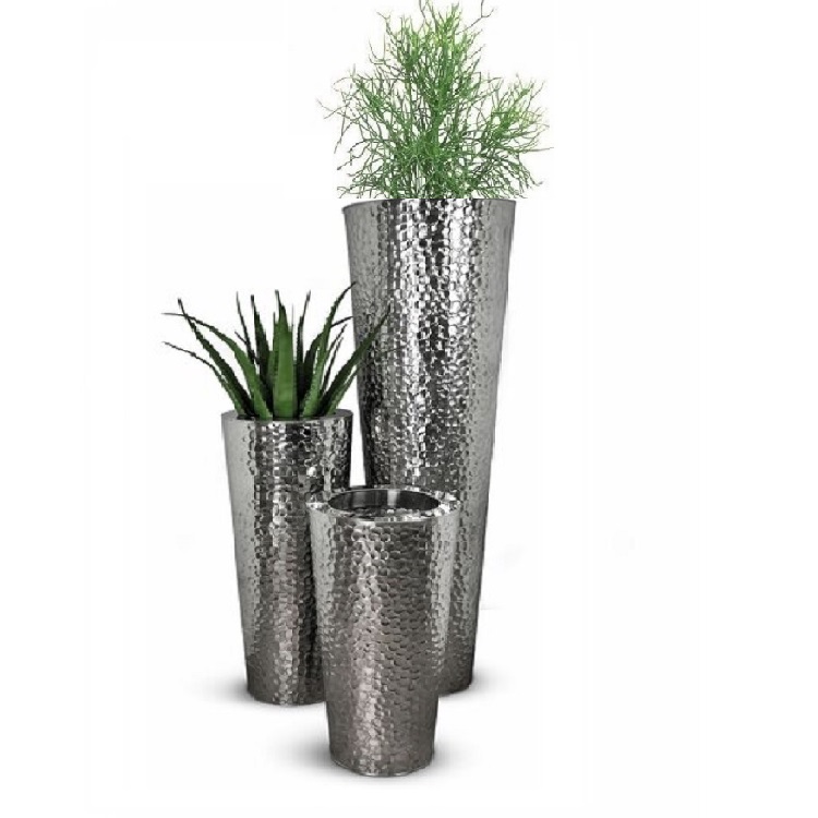 Indoor round hammered matte stainless steel flower pot vase home decoration