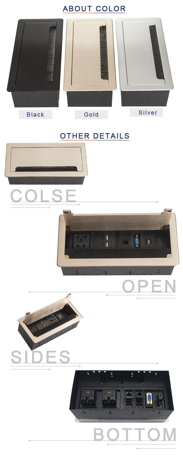 BNT customized design hidden cable design desktop flip socket with RJ45/VGA/USB flush mount in teaching room table cable