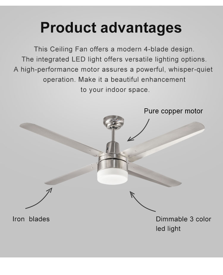 52" Brushed Nickel Iron Blades LED Ceiling Fan Light for Lighting and Circuitry Design