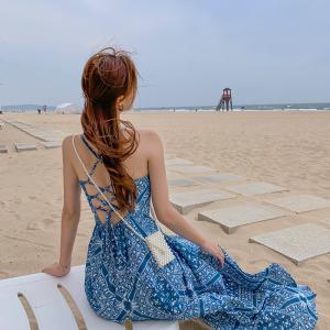 China Blue Back Tie Halter Strap 104cm Bohemian Beach Dress wholesale