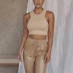 Slim Women's High Waisted Leather Pants Temperament Ribbing Splicing