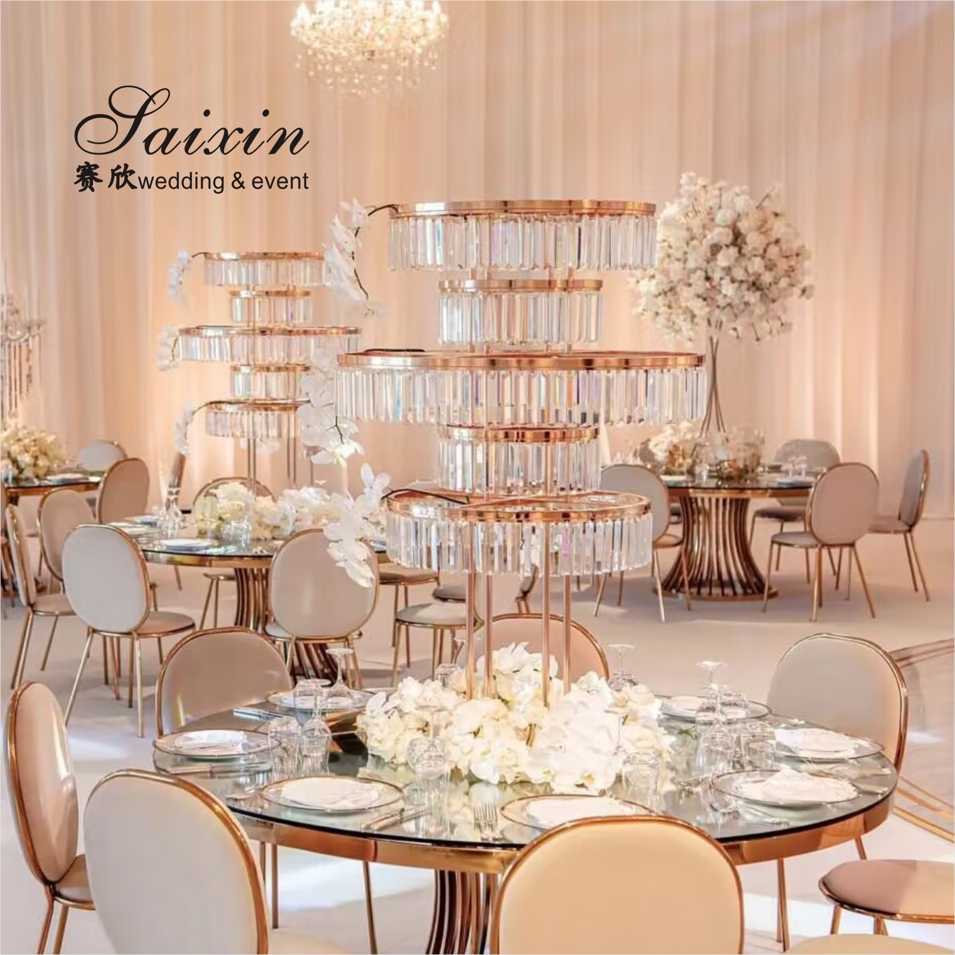 Gold Metal Flower Stand Wedding Outdoor 80cm Large Crystal Table Tree Centerpiece