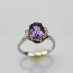 925 Silver Ring with 7x9mm Oval Amethyst Rhinestone-(F64)