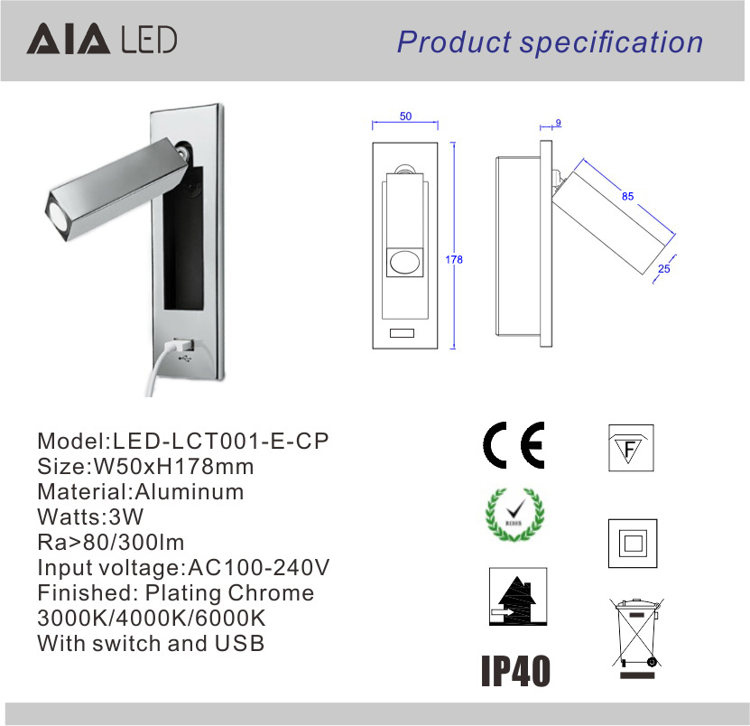 Hotel flat 2.1A 5V USB reading light flexible bedside wall lamp hotel bed headboard study bed wall light bedroom