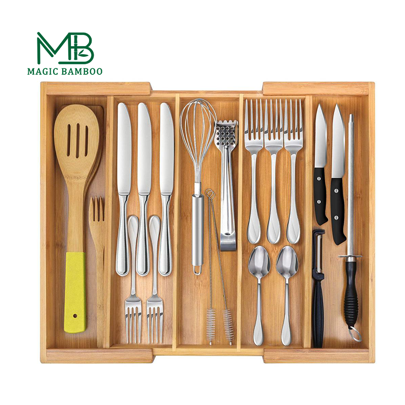 Adjustable Bamboo Drawer Dividers Organizer for Silverware Rectangle Wood Cutlery Tray