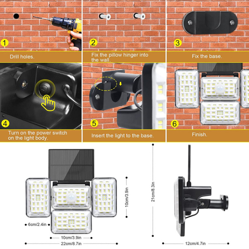 48.4W 6500K Solar Motion Sensor Wall Light 1200lm Solar LED Spotlight