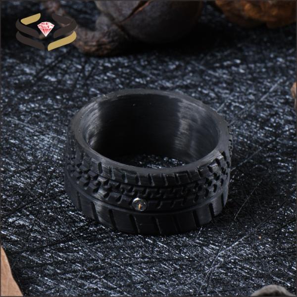 Round Black Carbon Fiber Band 10mm With Cubic Zirconia Inlay And Truck Tire Pattern