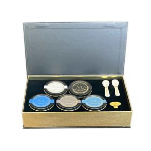 China Gold Packaging Black Red Caviar Tin Jar Gift Set with Paperboard Packaging and Sleeve wholesale