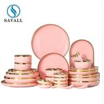 Gold Rim Pink Round Porcelain Dinnerware Set for Coffee shop