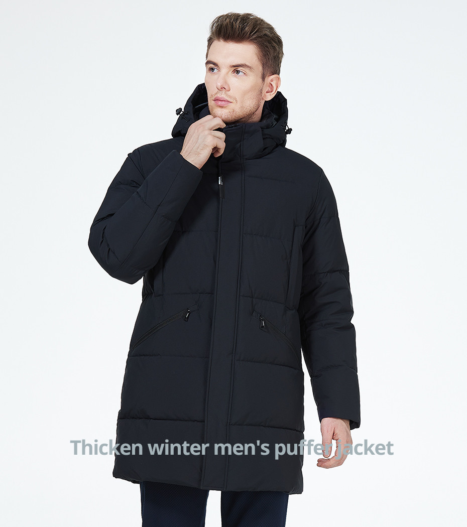 Business Style Long Man Winter Coat Thick Dark Colour Waterproof Down Coat With Four Pockets