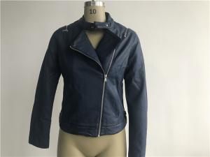 China High Fashion Navy Ladies PU Jacket , Womens Leather Coats LEDO1721 wholesale