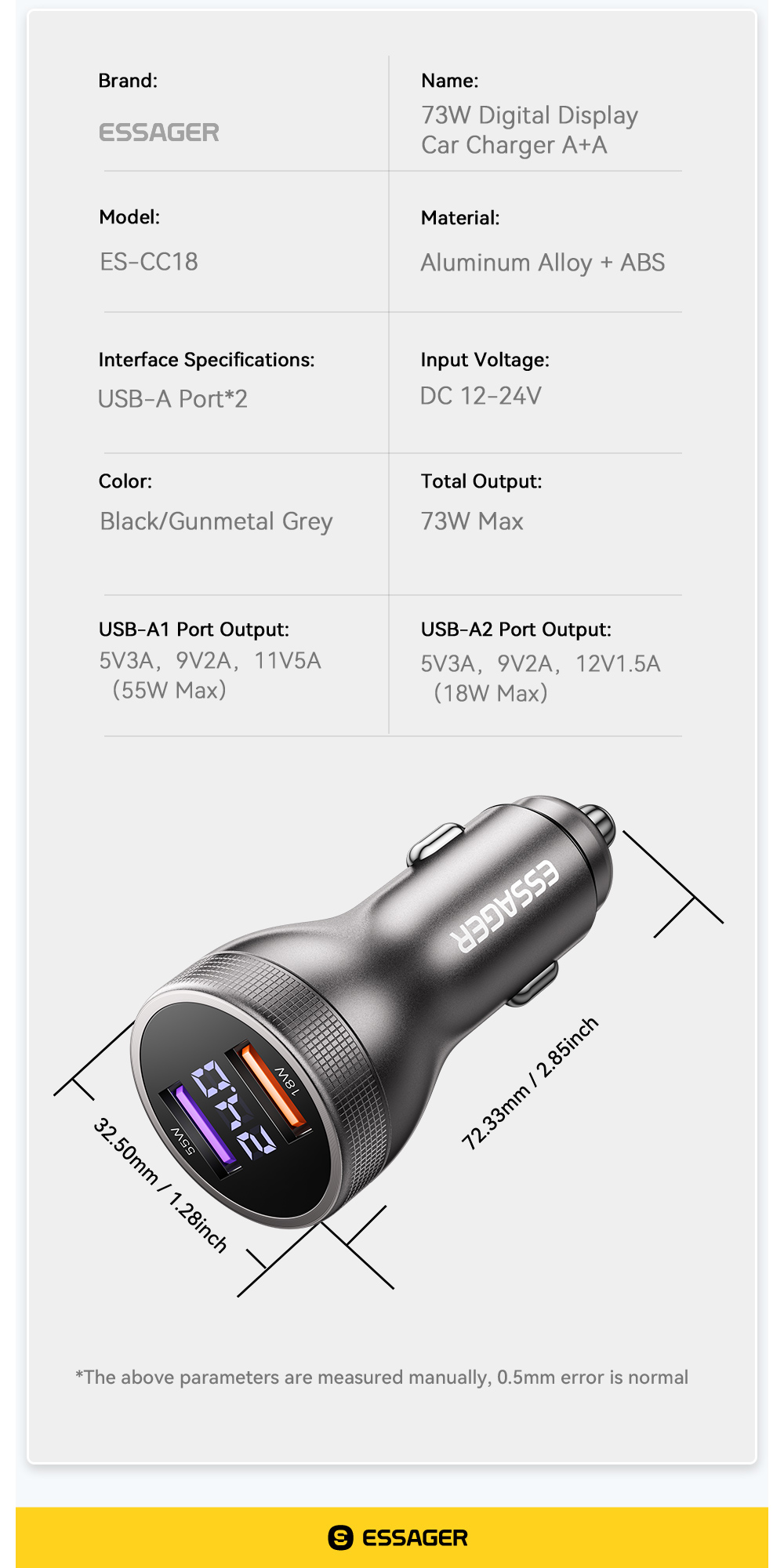 ESSAGER ES-CC18 Series 73W USB-A Car Cell Phone Charger Outlet Quick Car Charger