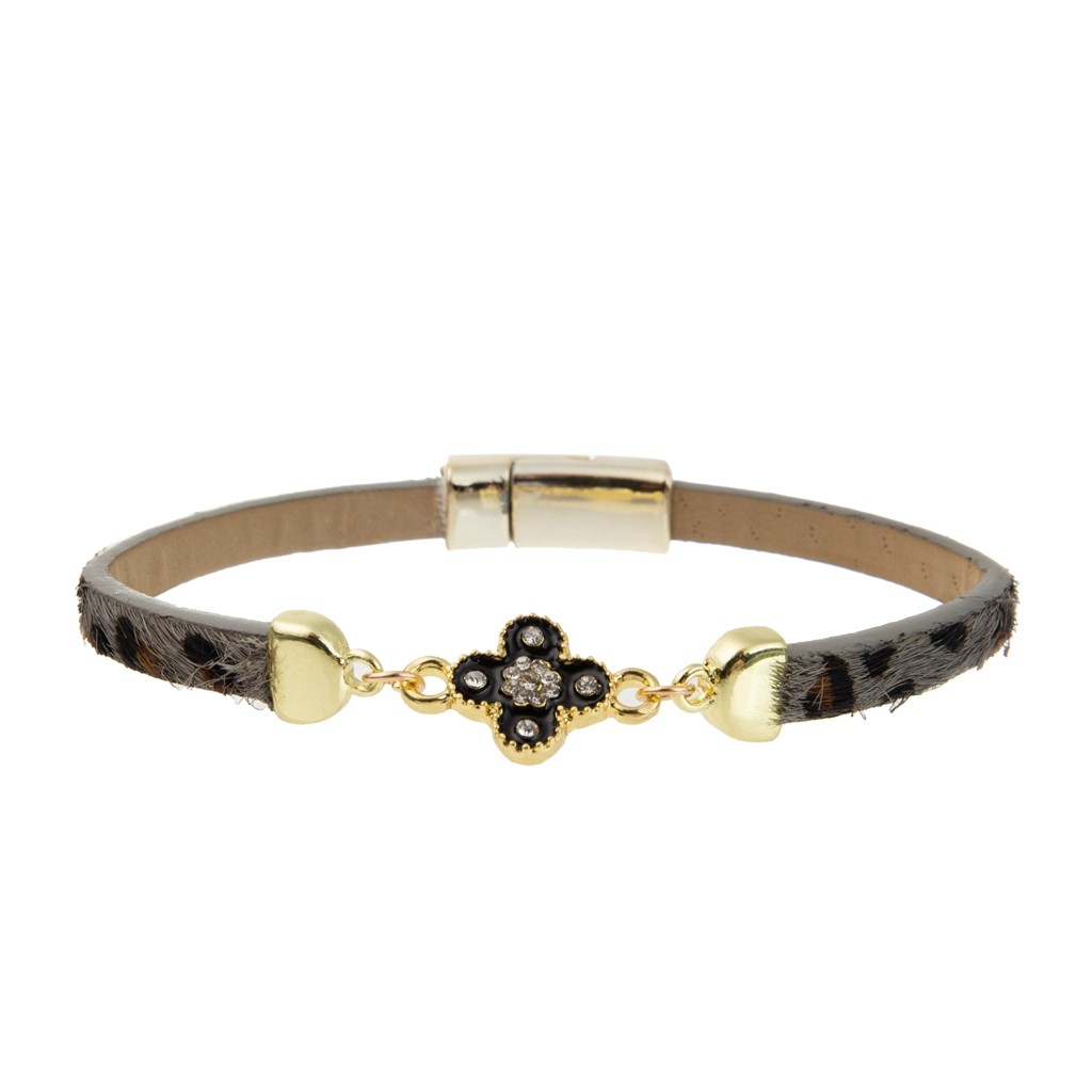 5mm Nickel Freeing PU Leather Strip Bracelet With Alloy Enamel Clover Magnets