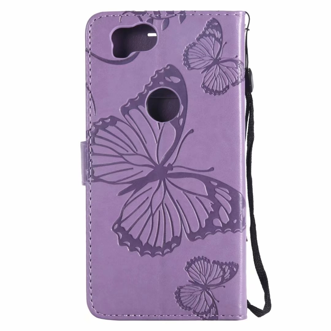 Pixel 2 Embossing 3D Butterfly Leather Bracket Stand Wallet Case with wristlet strap