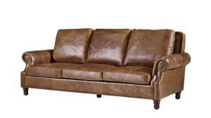 China American Retro Vintage Three Seater Leather Sofa Solid Wood Frame With Rolled Arms wholesale