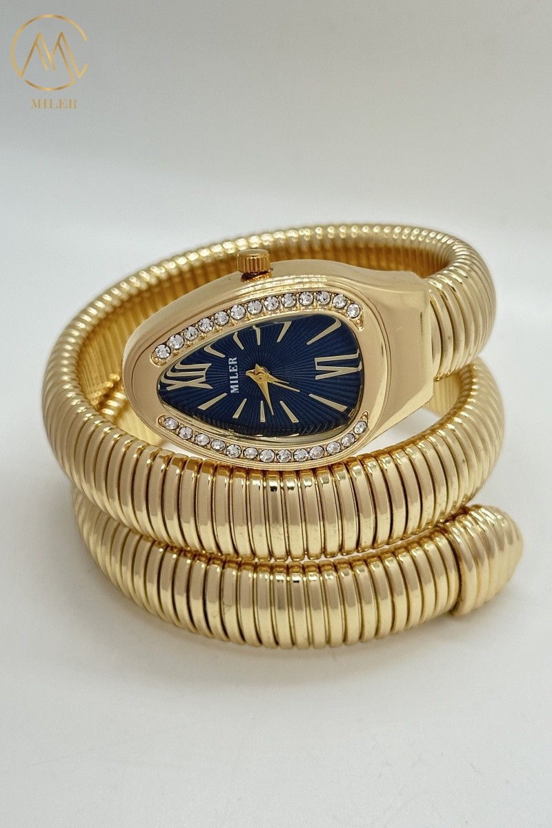 Creative Luxury Lady Quartz Watch High Quality with Snake Strap Alloy Gold-Plated Case