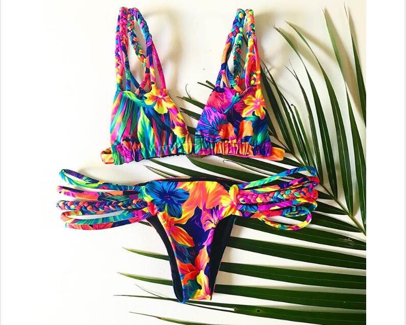 2019 Ruffle Women Swimsuit Cross Bandage Swimwear Push Up Bikini Set Beach