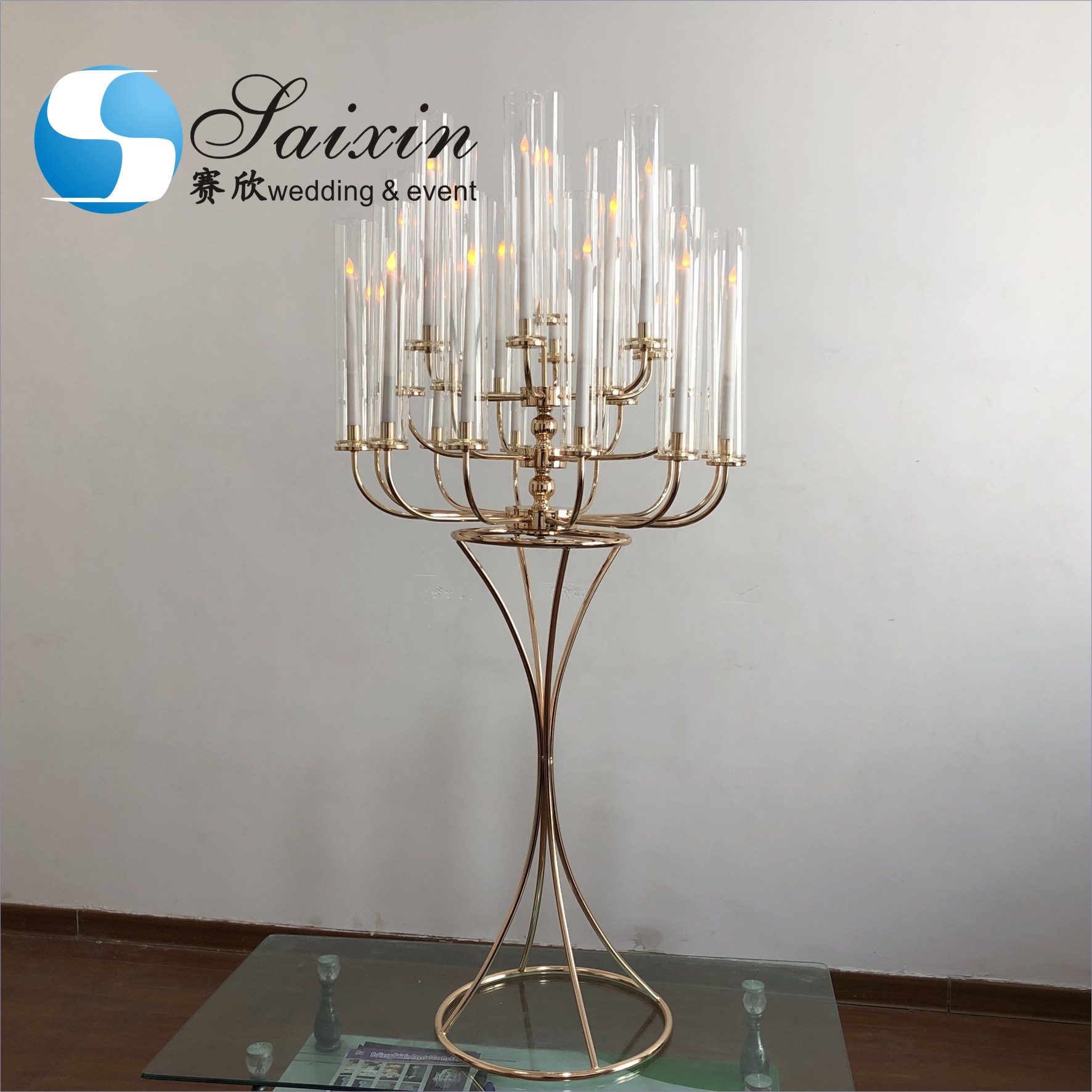 Blue Crystal Glass Candelabra Hurricane 9 Arm White Crystal Candelabra For Event Decor