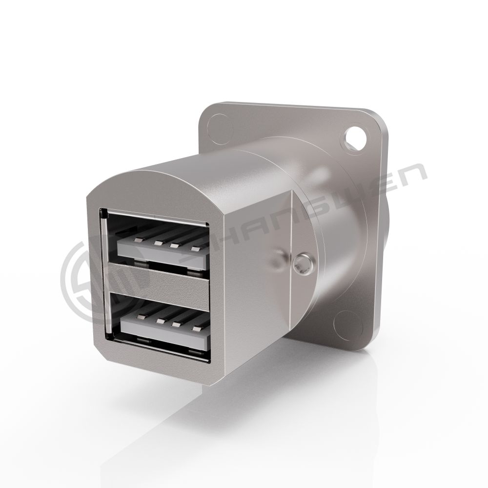 Ip65 Waterproof USB Connector Panel Mount Double Port 4 Pin Data Cable Connector