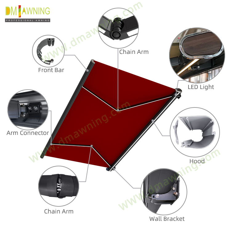 Outdoor Retractable Awning With Motor Control And LED Light Garden Canopy Sunshade Awning
