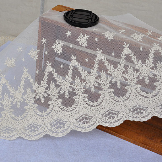 Beige Floral Embroidery Mesh Lace Ribbon Trim , Cotton Nylon Tulle Lace Trim