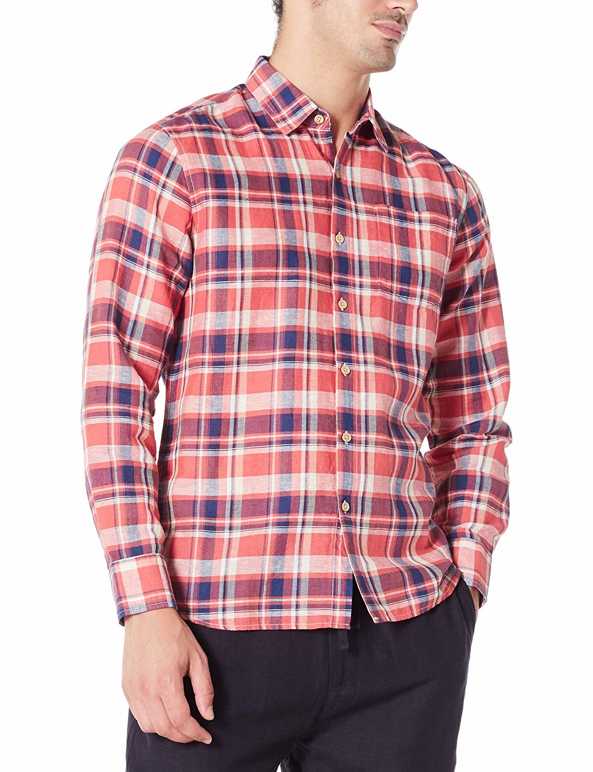 Orange Plaid gingham Mens Casual Linen Shirts with Band Collar