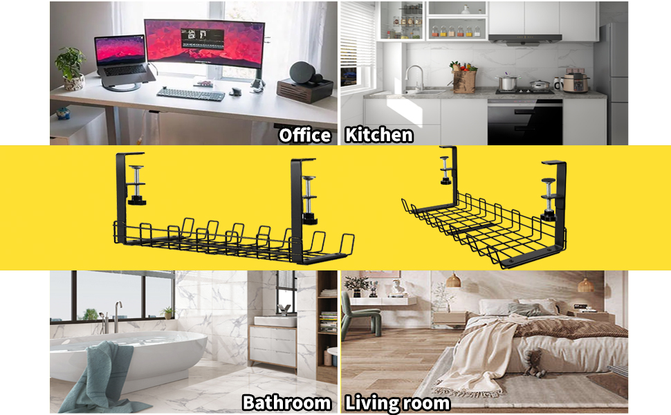 Adjustable Cable Management Tray for Desk No Drilling Required Large Space Metal Tray