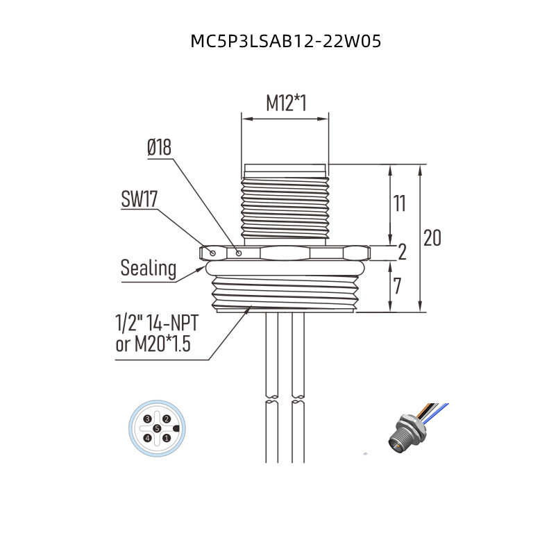 5 Pin Male Panel M12 A Code Connector Chassis Side Thread With Single Wires