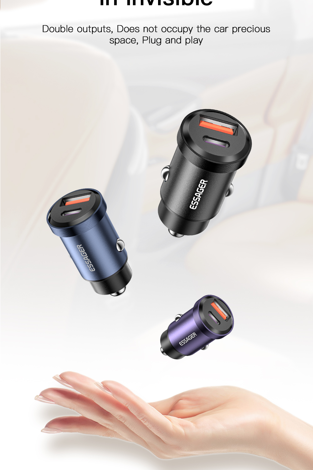 Essager 2022 Gyroscope Fasr 30W 45W Mini Car Charging 2 Port USB Type C Car Charger With Over-Charging Protection