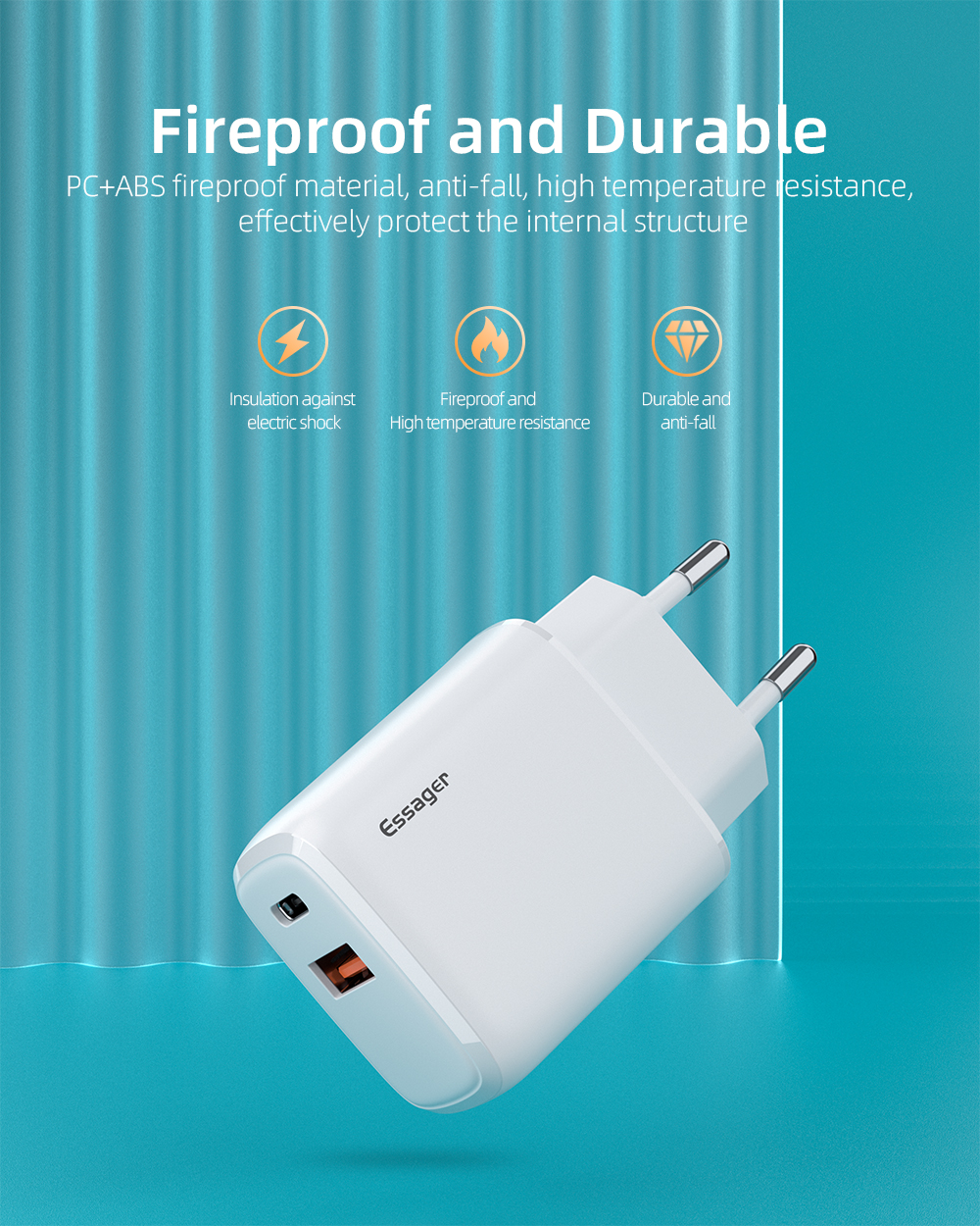 Essager 2021 YuRoom PD QC 20W Mobile Chargers USB Type C Charger Cable USB 100-240V PD Wall Charger