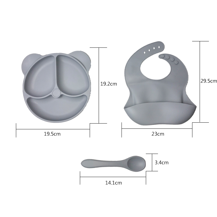 Food Plate Baby Dinnerware Silicone Feeding Set Customized Sizes Grey Bear Shape 3Pcs