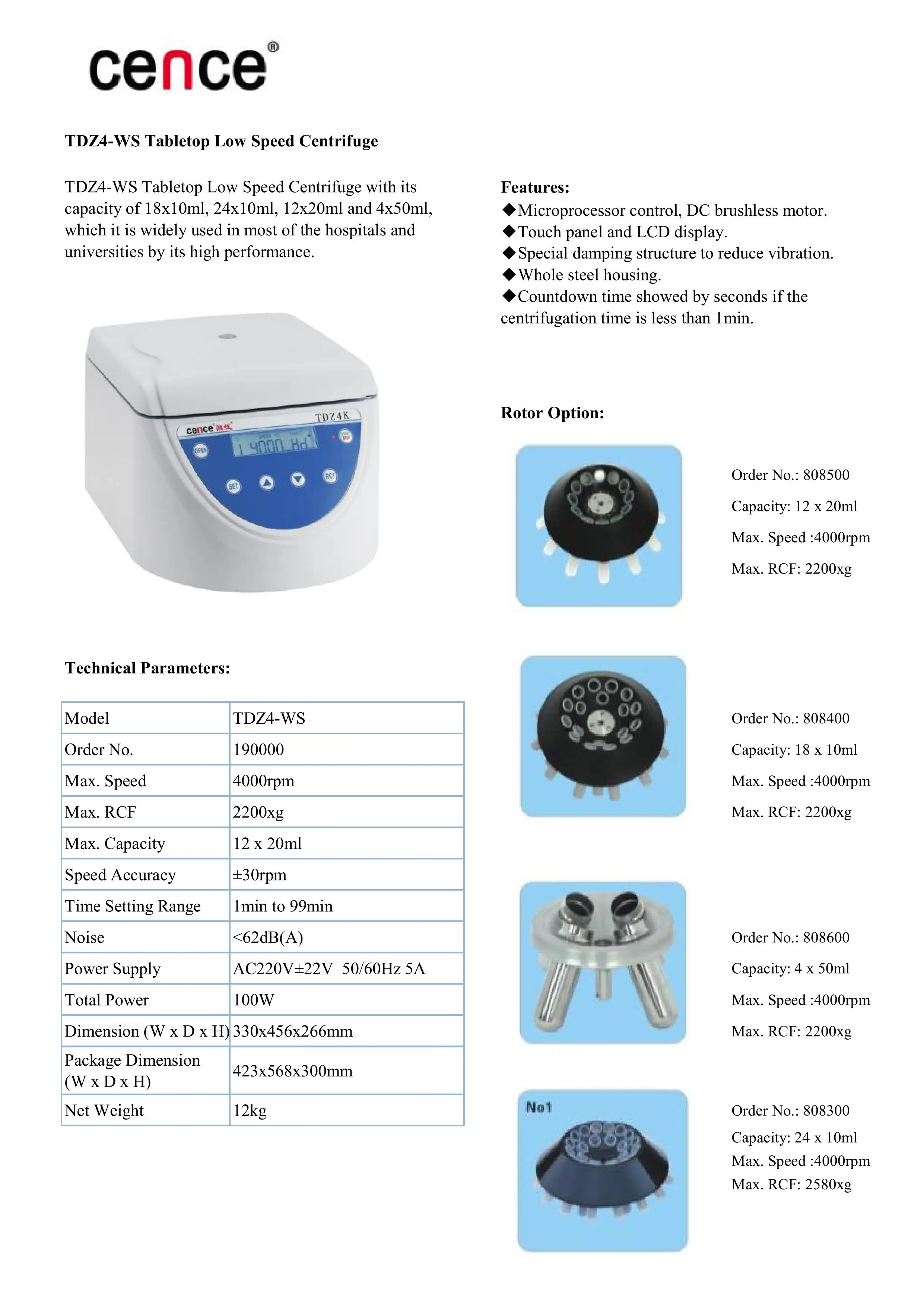 Low speed centrifuge TDZ4-WS for 10ml 20ml 50ml tube lab centrifuge
