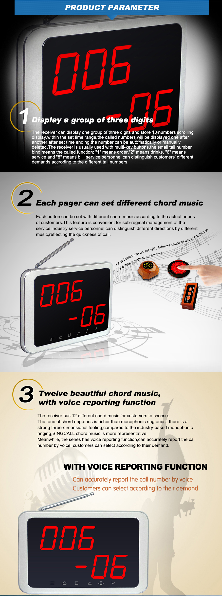 No cable and easy installation wireless restaurant call pager system