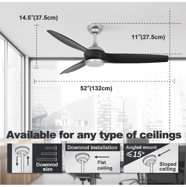 Modern 52 Inches Black ABS Blades High Air Volume Remote Ceiling Fan with LED Light Source
