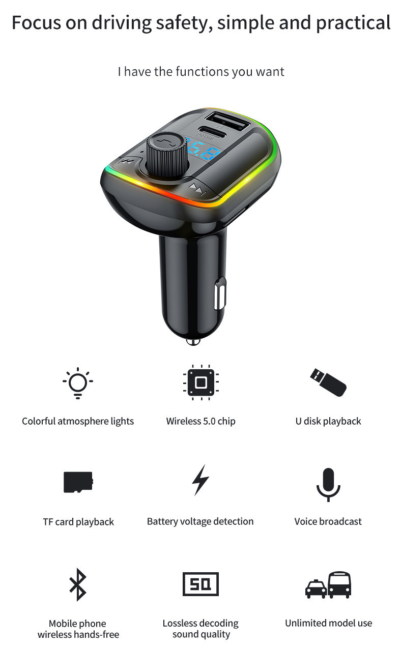 ABS PD 18W Car MP3 Player Bluetooth 5.0 Car Kit Aux 87.5-108MHz