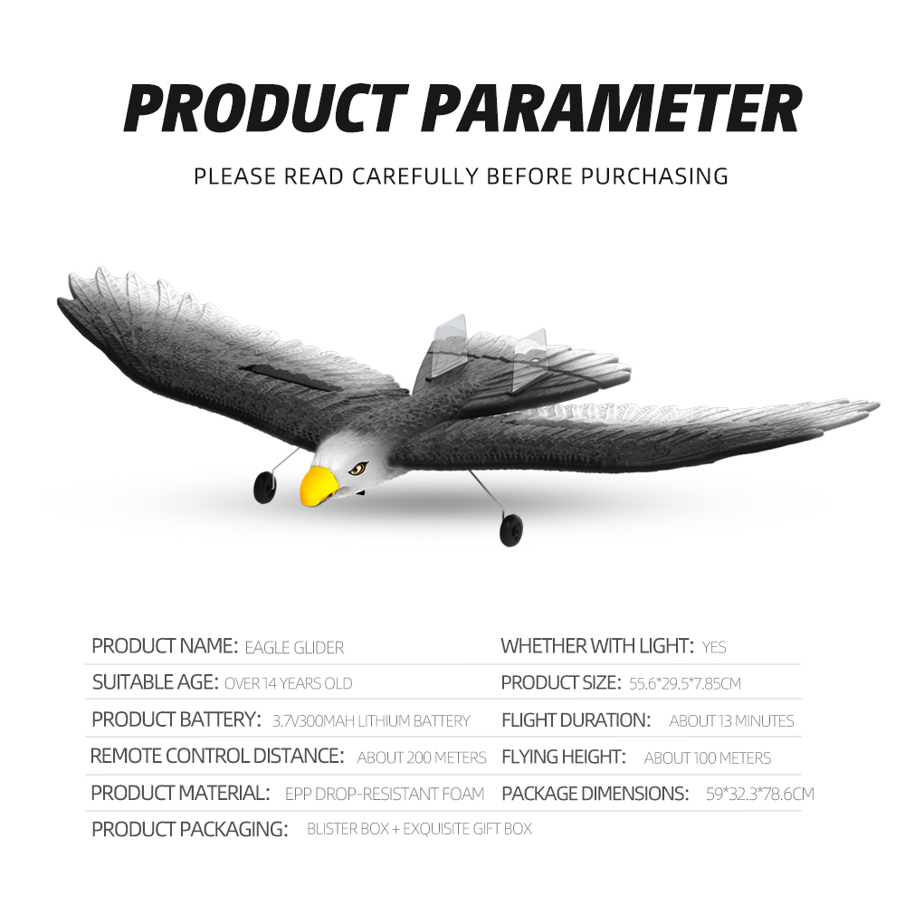 2024 2-way Eagle Glider Model Rtf With Light and Self-balancing 3 Changell Glider Controlled Aircraft Scale 56*29.5*8 CM