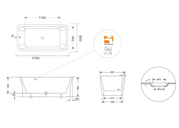 Pedestal Type Rectangular Freestanding Bathtub , Square Soaking Tub Small