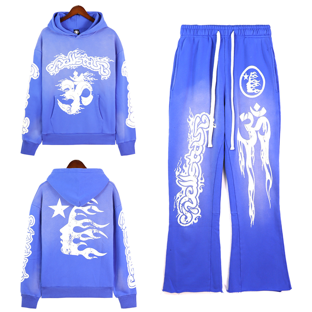 Custom Printing Tracksuit for Men 100% Cotton French Terry Hoodie and Flare Sweatpants Set