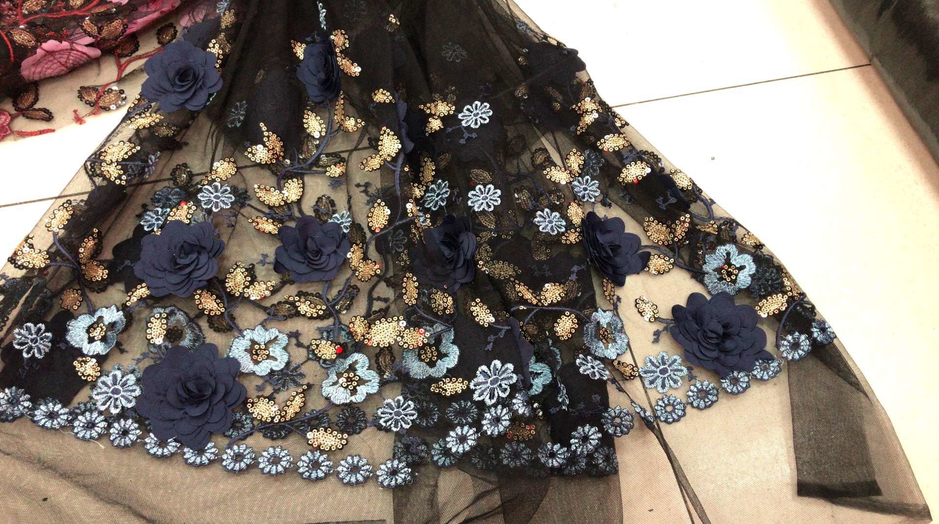 Flower Embroidered Sequin Lace Fabric , Multi Colored 3D Flower Mesh Lace Fabrics