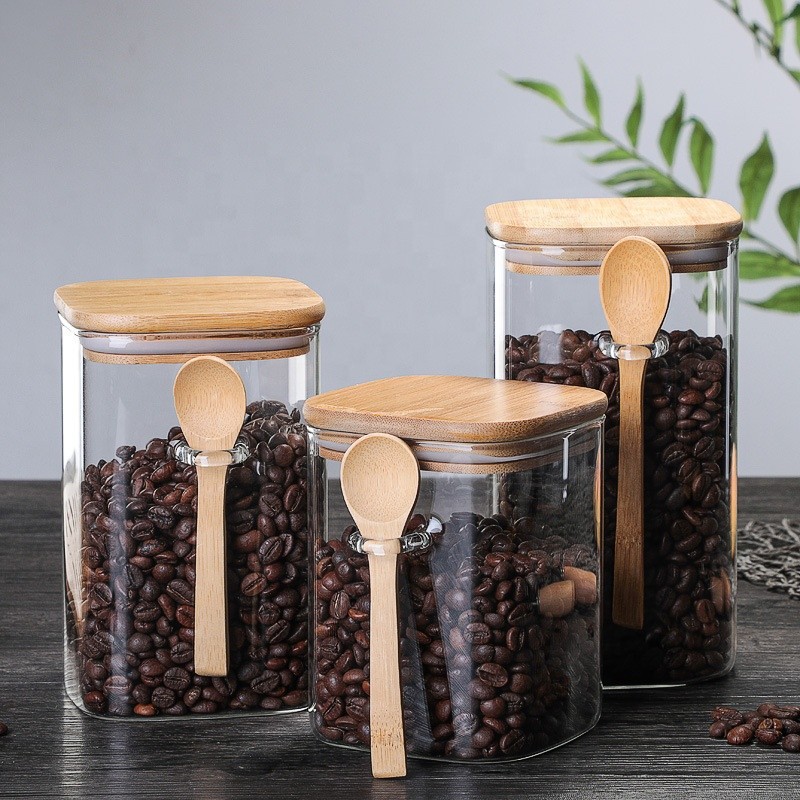 4.52" Transparent Glass Containers With Wood Lids Food Storage 950ml Anti Spill