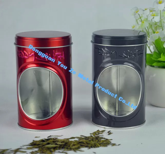 Display Tin Containers With Window Embossed Tea Tin Box On Body Custom Storage Tins