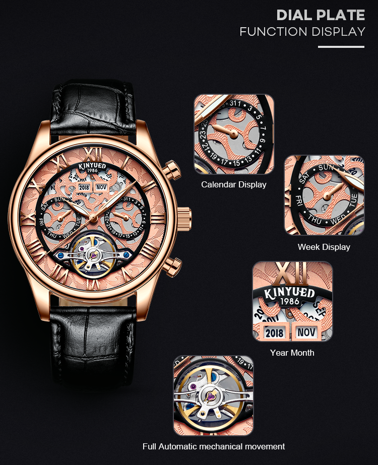 KINYUED genuine leather tourbillon mens automatic watch skeleton mechanical watch luminous watch