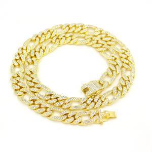 China Men Women Cuban Chain Necklace Hip Hop Jewelry 13mm Iced Out Curb Cuban Gold Plated Figro Rhinestone Chain Necklace wholesale