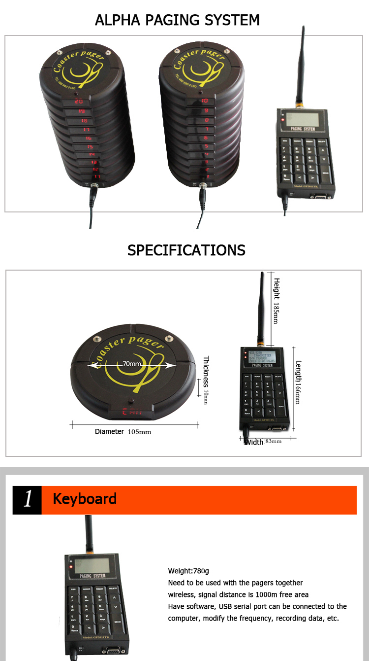 Wireless coaster pager queue call system pocsag transmitter keyboard and pager with LED display