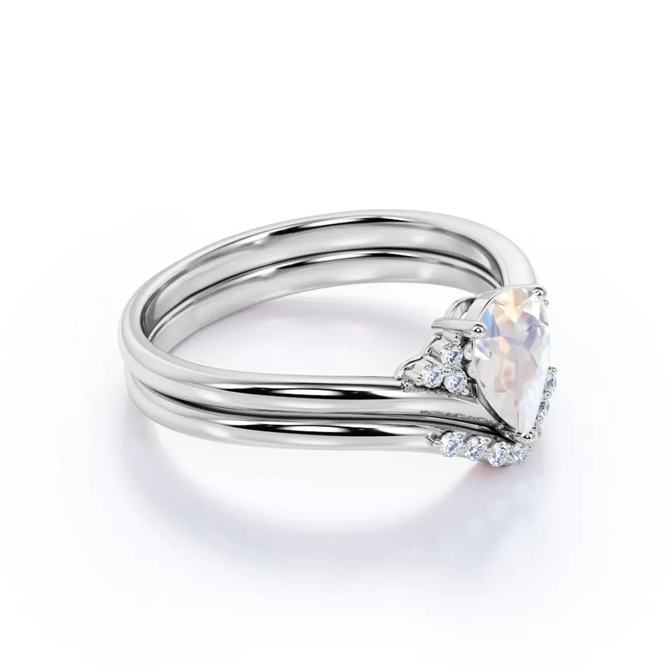 S925 Gold Natural Pear Shape Cz Rainbow Moonstone Ring Boho Wedding Set