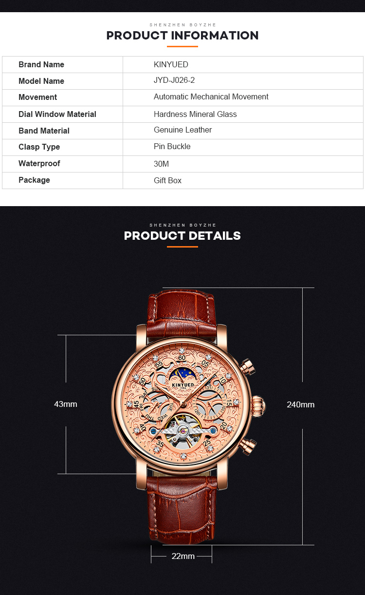 Luxury brand automatic mechanical movement genuine leather men charm wrist waterproof watch
