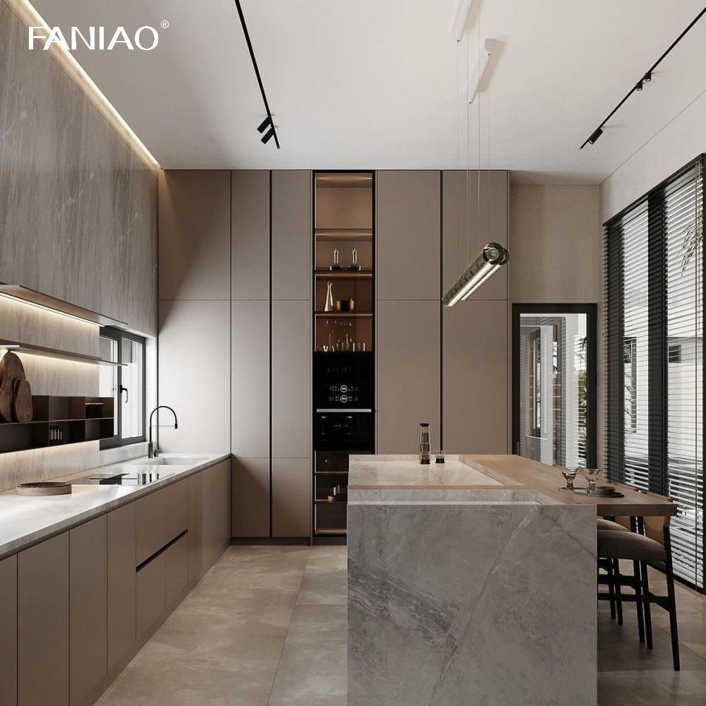 Villa Project Full Customized L Shape E1 Standard Formaldehyde-free Lacquer Painting Kitchen Cabinets