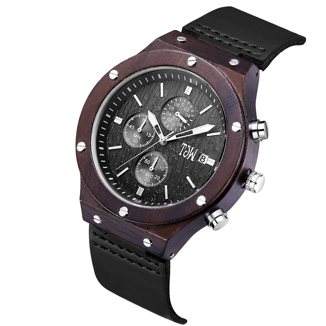 Wooden Custom Design Watches With Date Week Feather Display Black Color