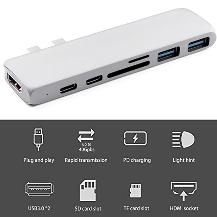 Wholesale 7 in 1 Dual USB-C HUB with 4K HD And Card reader Multiport HUB Adapter for Macbook Pro