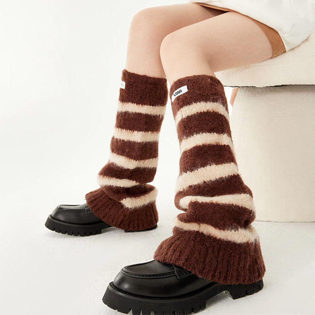 Custom Logo Women Leg Warmers Acrylic Knit Sock Sleeves With Horizontal Stripes